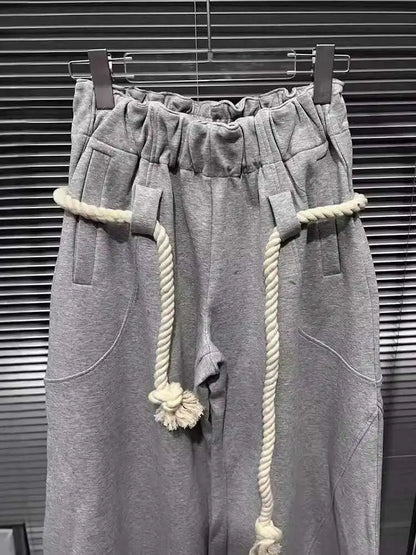 DEAT Fashion New Women's Cotton Rope Design Casual Pants 2024 Autumn Trendy Elastic High Waist Wide Leg Trousers Female 33A1851