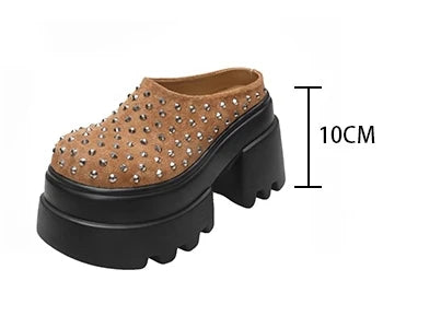10CM New Rivet Platform Women Slippers Fashion Chunky High Heeled Sandals Comfort Roma Style Round Toe Slide Mule Shoes Summer