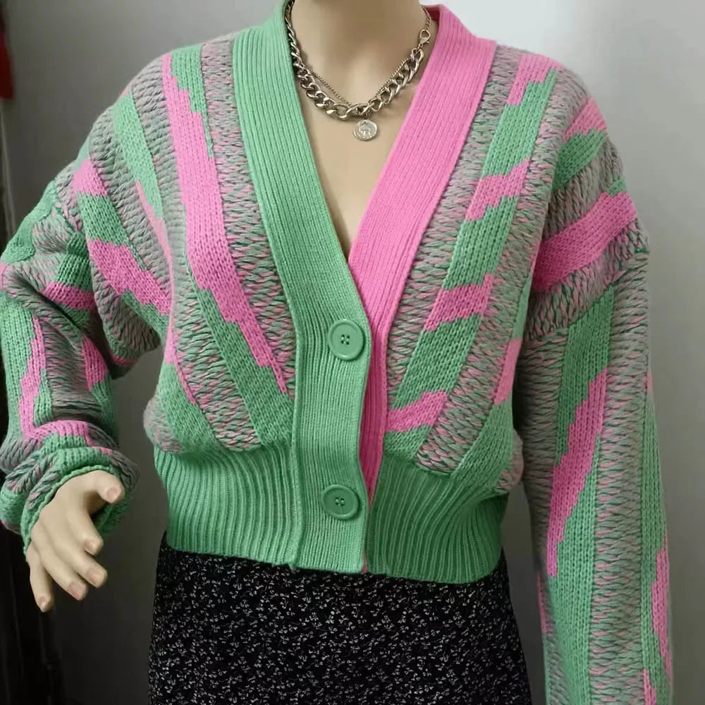 Women Color Block Green Crop Cardigan High Street Long Sleeve Knit Top Sweater Autumn Winter Korean Dongdaemun Fashion Trends