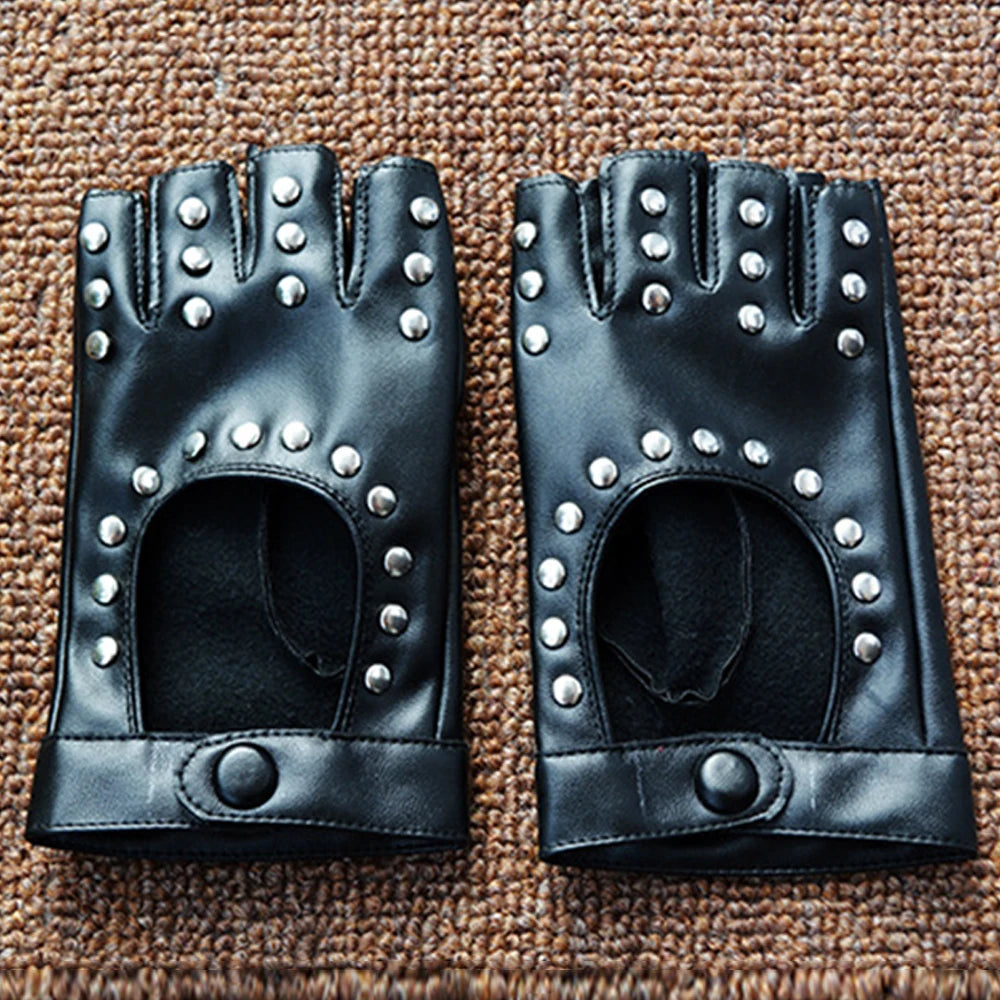 Women Punk Fingerless Dance Gloves with Studs Black PU Leather Rivets Cosplay Performance Dance Gloves Sexy Cool Riding Gloves