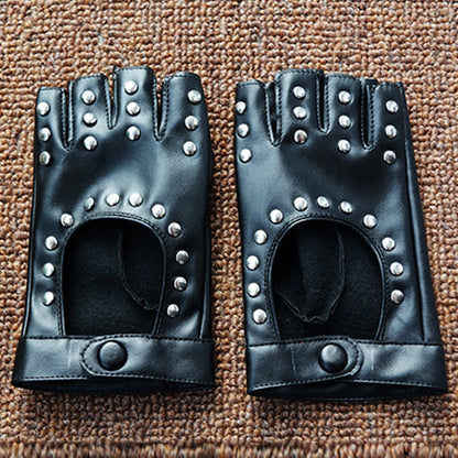 Women Punk Fingerless Dance Gloves with Studs Black PU Leather Rivets Cosplay Performance Dance Gloves Sexy Cool Riding Gloves