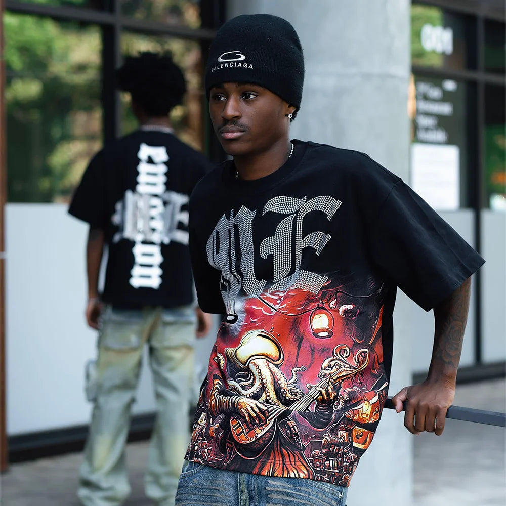 New Summer Letter Rhinestone Short Sleeve Black Mens Tshirts Streetwear Cotton Loose Round Neck Top Tees Oversized Unisex Tshirt