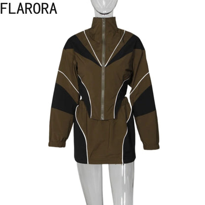 FLARORA Fashion Patchwork 2Pcs Sets Woman Long Sleeve Zipper Irregular Crop Jacket And Skinny Mini Skirts Streetwear Outfits New