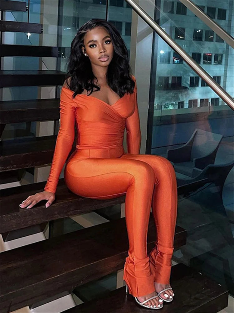 Simenual Casual Skinny Women Two Piece Set Sexy Deep V Crop Tops High Waist Pants Cyber Y2K Outfits Slim Co Ord Suits Streetwear