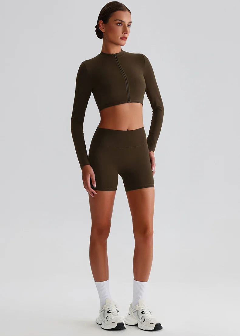 Customized LOGO Women's Skin-friendly Sports Yoga Clothing Slim Elastic Jacket Fitness Shorts Long Sleeve Two-piece Set