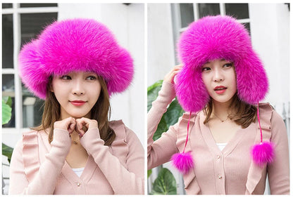 2025 100% Real Fox Fur Hats Women's Russian Ushanka Aviator Trapper Snow Skiing Hat Caps Earflap Winter Raccoon Fur Bomber Hat