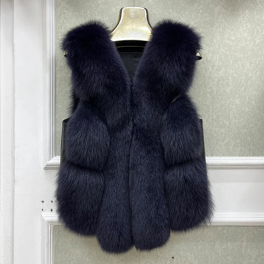 2024 New Autumn Winter Warm Women's Coat Natural Real Fox Fur Vest Thick Mid Length Waistcoat Luxury Female Jacket Streetwear