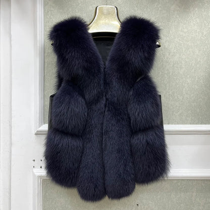2024 New Autumn Winter Warm Women's Coat Natural Real Fox Fur Vest Thick Mid Length Waistcoat Luxury Female Jacket Streetwear
