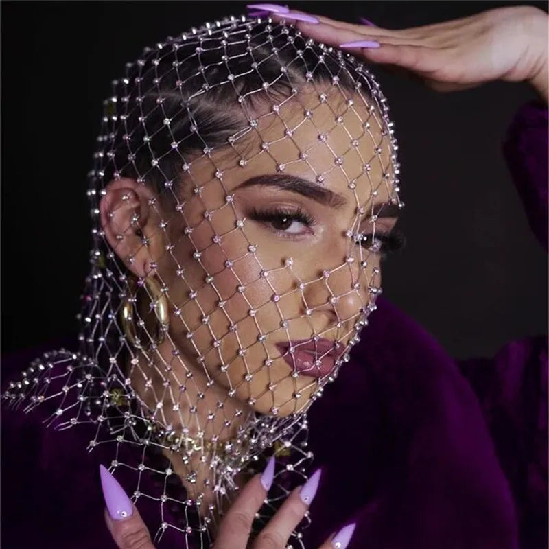 Women Balaclava Elastic Rhinestone Turban Ladies Shining Fishnet Headhood Club Rave Party Head Mask Diamond Headwrap Headcover
