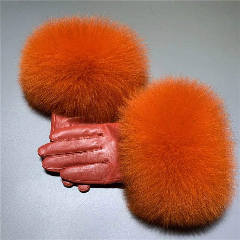 Jxwatcher Wholesale Fox Fur Gloves Winter Female Luxury Style Warm Sheepskin Genuine Leather Gloves Driving Thickening Mitten