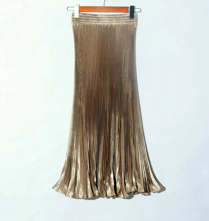 Women's Fashion Pleated Mermaid Long Skirt Korean Style Casual High Waist Satin Flowy Skirts Shiny 19 Colors 2024 Spring SK500