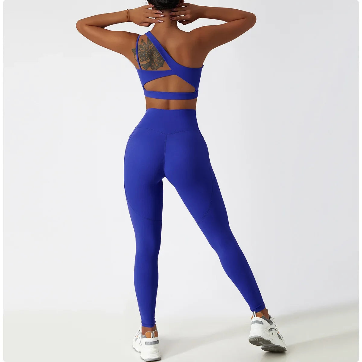 Custom LOGO High Quality One Shoulder Bra Top Pants Sports Set Environmental Friendly Women's Sportswear High Waist Sportswear