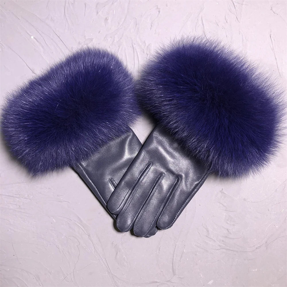 Jxwatcher Wholesale Fox Fur Gloves Winter Female Luxury Style Warm Sheepskin Genuine Leather Gloves Driving Thickening Mitten