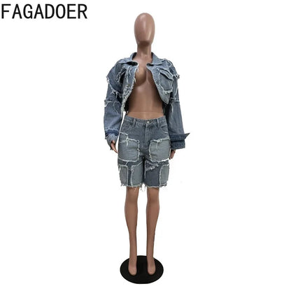 FAGADOER Summer New Fashion Denim 2 Piece Sets Woman Outfit Long Sleeves Patchwork Crop Jacket + Short Female Streetwear New