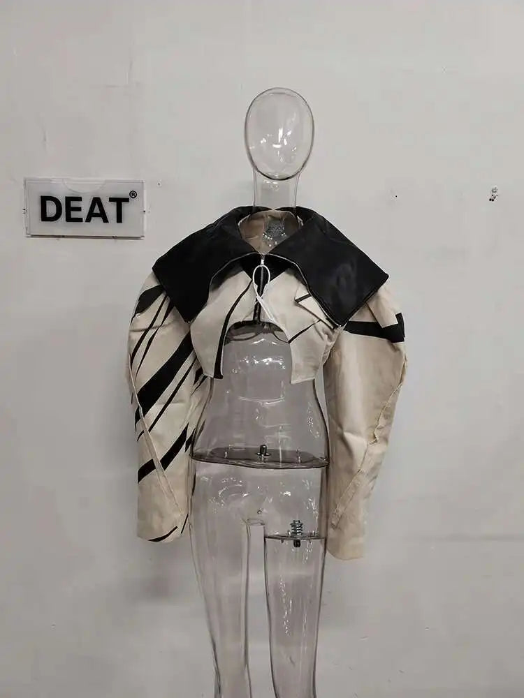 DEAT Fashion Women's Spliced Edge Contrasting Short Jackets Big Lapel Zipper Long Sleeve Short Coat Autumn 2025 New 1DF6153