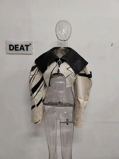 DEAT Fashion Women's Spliced Edge Contrasting Short Jackets Big Lapel Zipper Long Sleeve Short Coat Autumn 2025 New 1DF6153