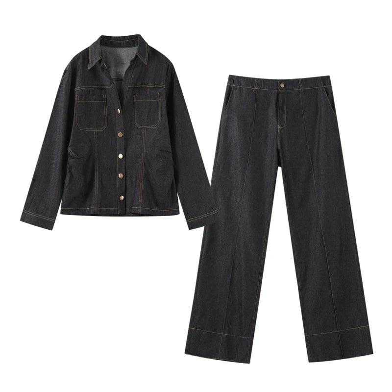 Street Vintage Denim Pants Sets Women Slim Long Sleeve Lapel Single Breasted Jacket Straight Trousers 2025 Spring Lady Outfits