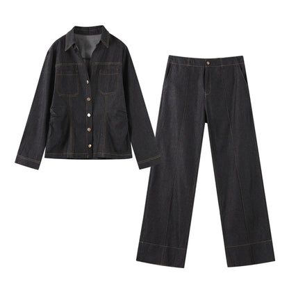Street Vintage Denim Pants Sets Women Slim Long Sleeve Lapel Single Breasted Jacket Straight Trousers 2025 Spring Lady Outfits