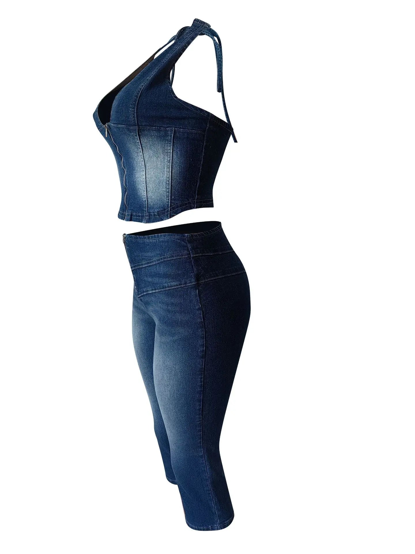 CM.YAYA Fashion ZIP Denim Women's Set sleeveless Crop Top and Calf Length Jeans Pants 2025 Two 2 Piece Sets Outfits Tracksuit