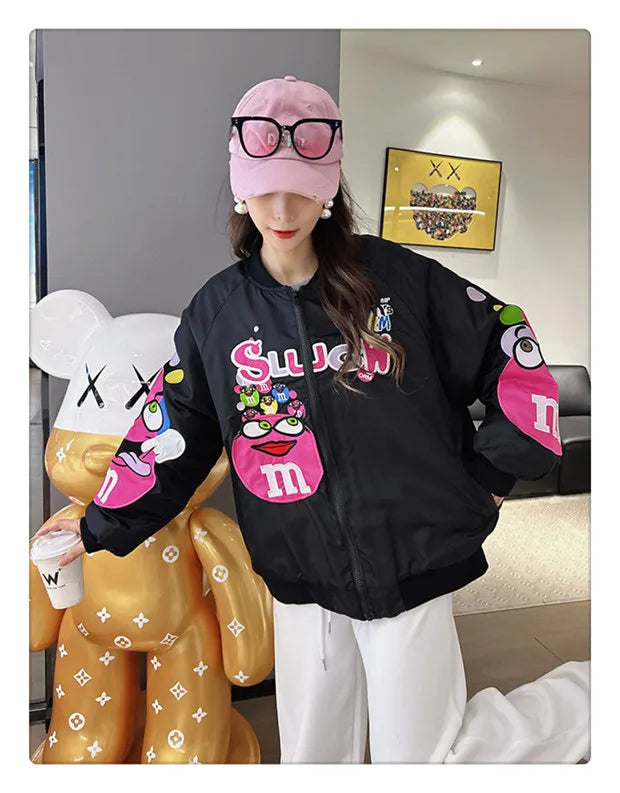 Cross-border Cartoon Embroidery Baseball Jacket For Men Women Casual Loose Fit Hip Hop Top Spring Autumn Letter Couple Jacket
