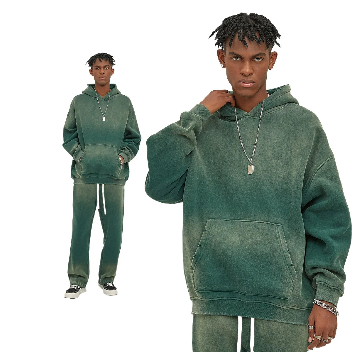 Custom LOGO 2025 autumn winter new 360G heavy sweater men's women's spray-dyeing old thickened hooded trendy sweater trousers clothes set
