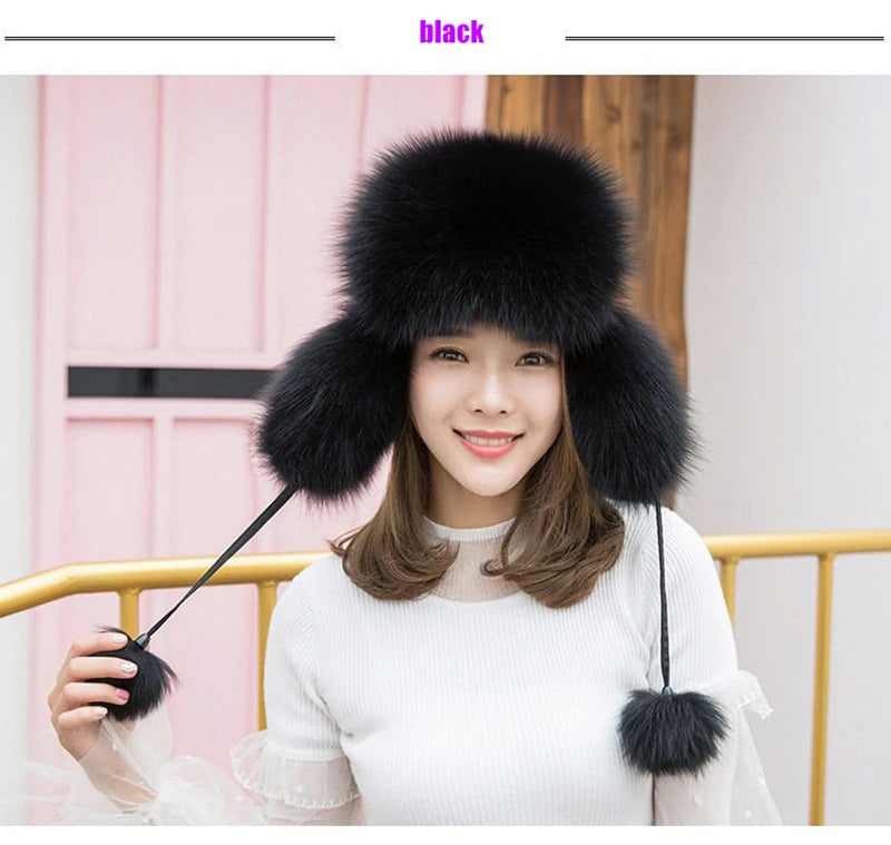 2025 100% Real Fox Fur Hats Women's Russian Ushanka Aviator Trapper Snow Skiing Hat Caps Earflap Winter Raccoon Fur Bomber Hat