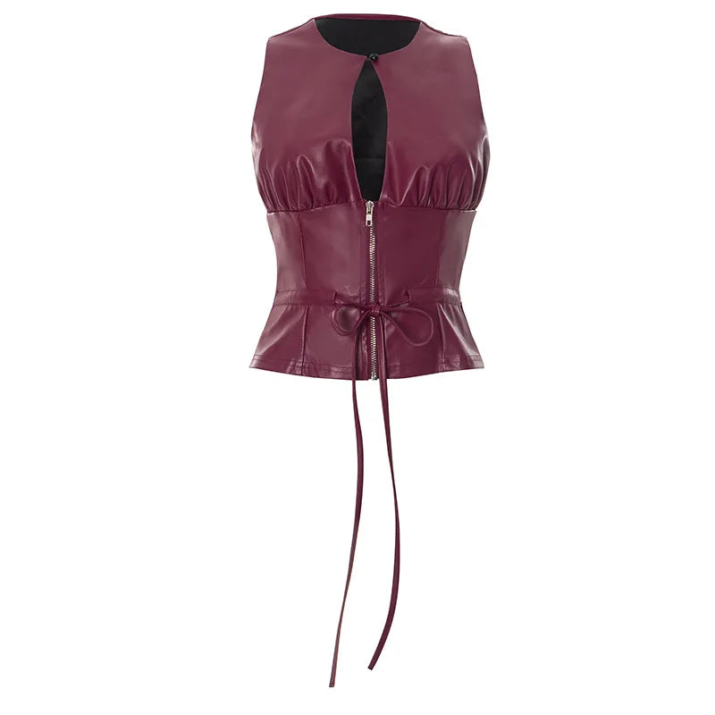 Joskaa 2025 Women's Pu Leather Tops Sexy Cutout Crew Neck Sleeveless Zip Front Tie Detail Tees Party Club Tshirts Y2K Streetwear