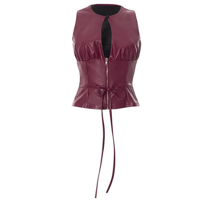Joskaa 2025 Women's Pu Leather Tops Sexy Cutout Crew Neck Sleeveless Zip Front Tie Detail Tees Party Club Tshirts Y2K Streetwear