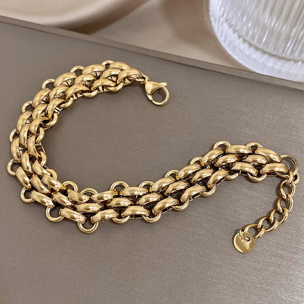 Trendy Stainless Steel Chunky Thick Chain Bracelet for Women Punk Statement Glossy Multilayer Link Bracelets Wristband Jewelry