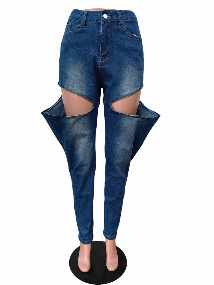 Simenual Fashion Streetwear Bottoms Punk Grunge Blue Hollow Out Loose Denim Pants Casual Y2K Rave Zip Cargo Trousers Indie Jeans