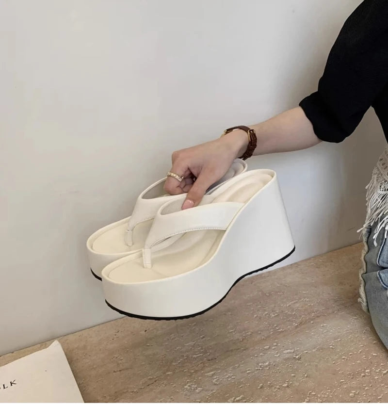 Design Summer Chunky Woman Slippers Fashion Platform Wedges High Heel Silvery Ladies Shoes Zapatillas De Mujer