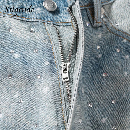 Stigende Women Sexy Rhinestone Denim Shorts with Belt Wide Leg Sequin Short Jeans