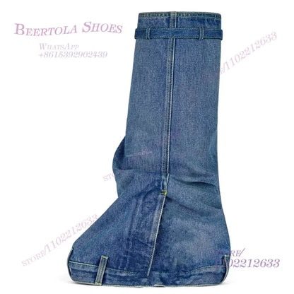 Denim Boots Sporty Women's Patchwork Light Metal Lock Knee High Booties Slip On Foldable Sneakers Round Toe Flat Heighten Shoes