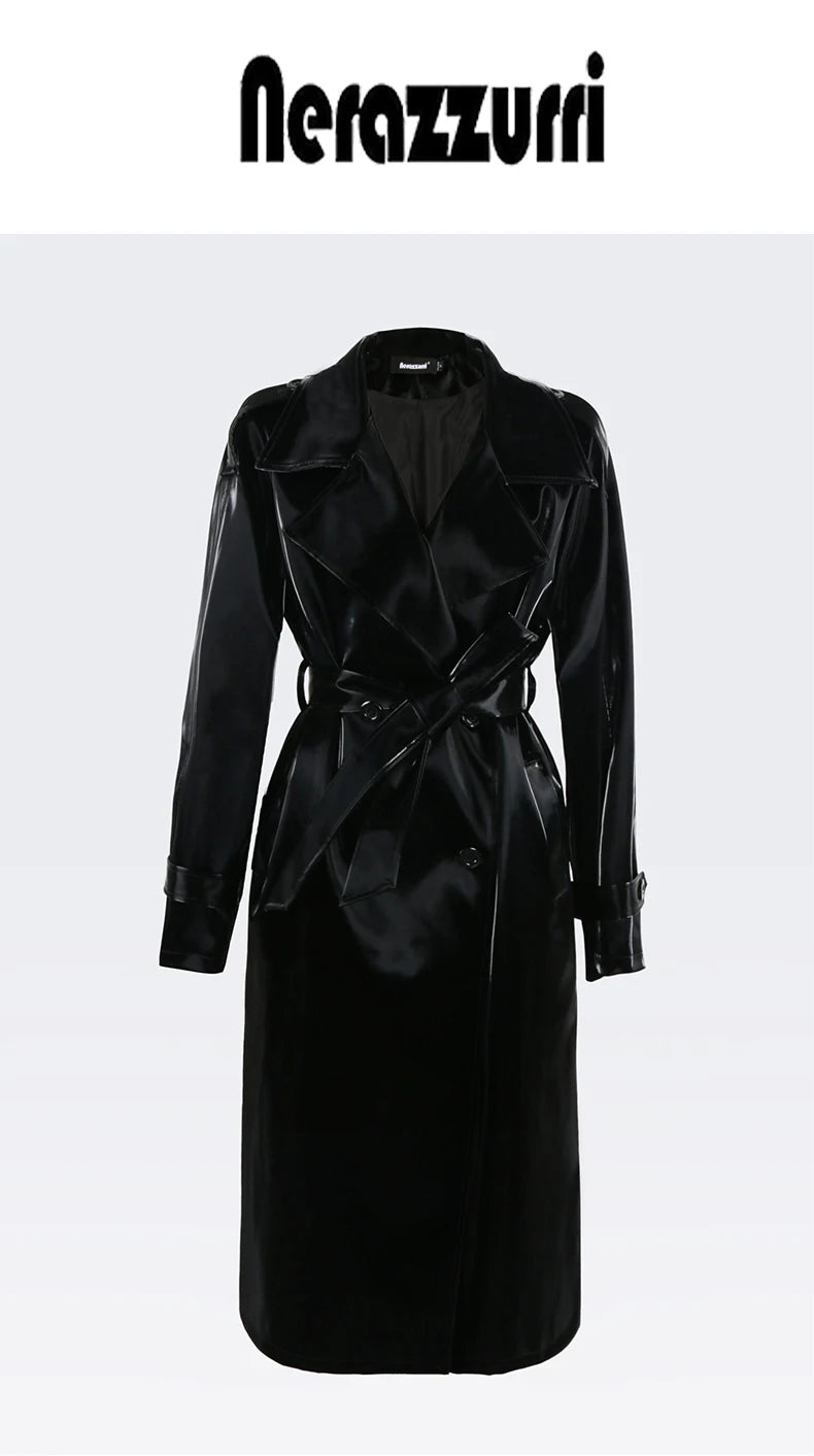 Nerazzurri Autumn Long Cool Black Shiny Glitter Patent Faux Leather Trench Coat for Women Sashes Double Breasted Europe Fashion