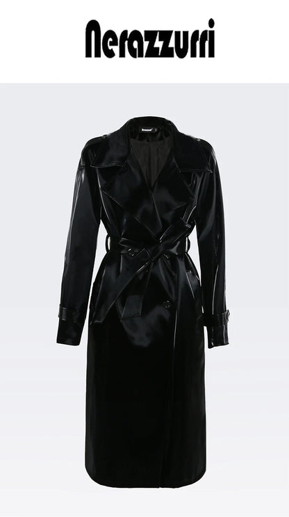 Nerazzurri Autumn Long Cool Black Shiny Glitter Patent Faux Leather Trench Coat for Women Sashes Double Breasted Europe Fashion