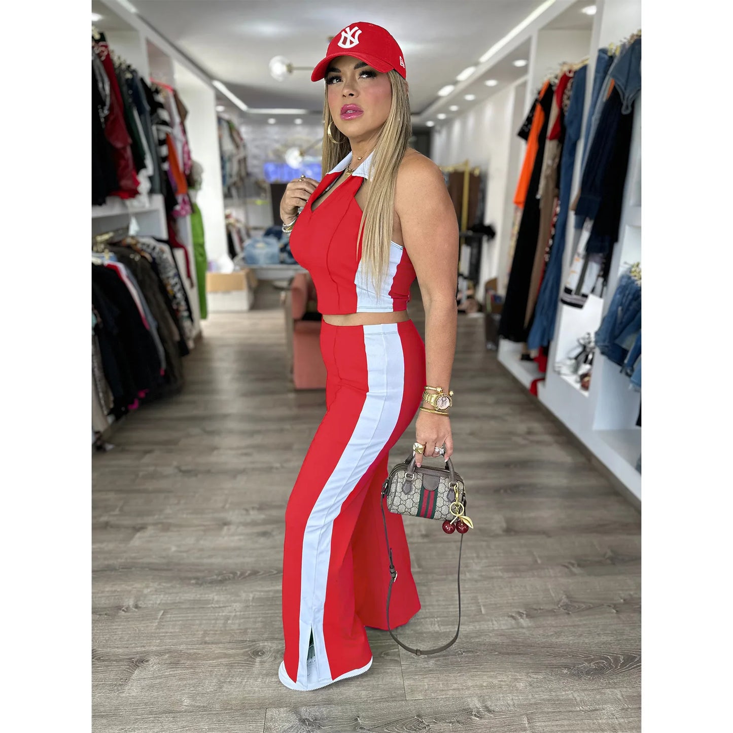 CM.YAYA Sporty Patchwork Women's Set Sleeveless Polo-tank Tops and Slit Flare Pants 2025 Active Two 2 Piece Set Outfit Tracksuit