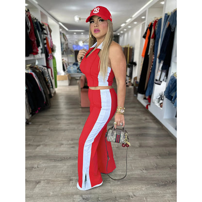 CM.YAYA Sporty Patchwork Women's Set Sleeveless Polo-tank Tops and Slit Flare Pants 2025 Active Two 2 Piece Set Outfit Tracksuit