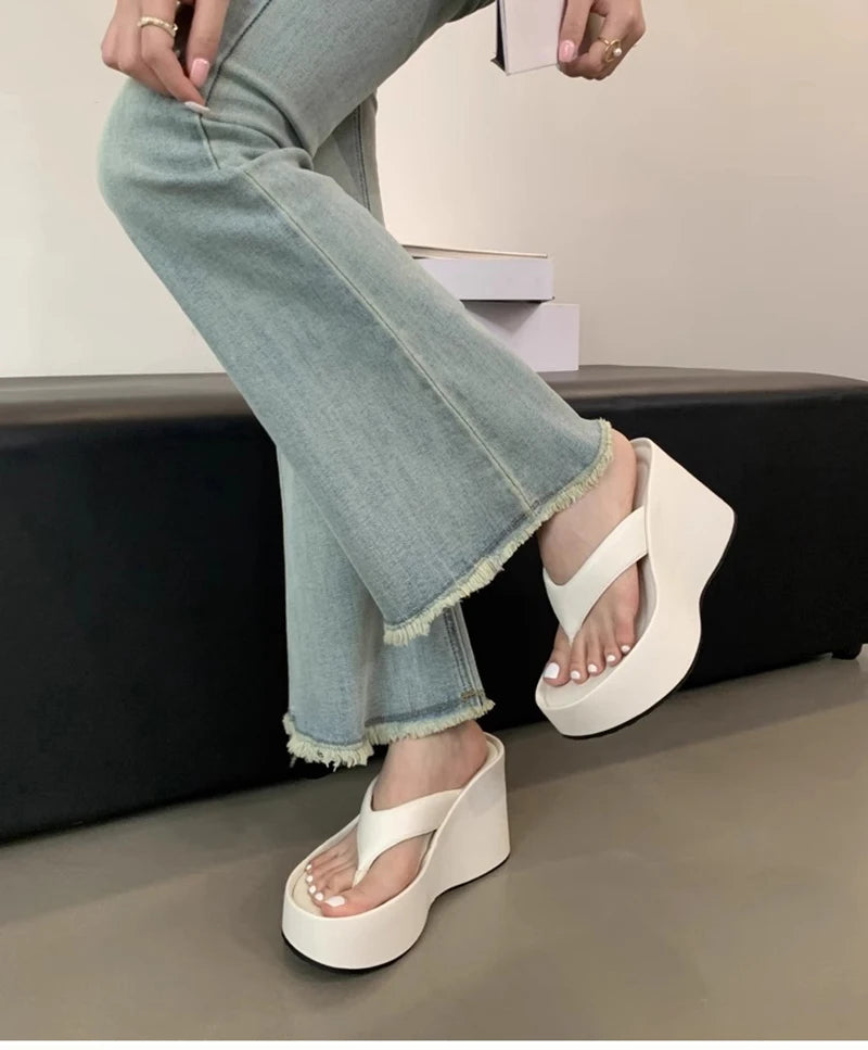 Design Summer Chunky Woman Slippers Fashion Platform Wedges High Heel Silvery Ladies Shoes Zapatillas De Mujer