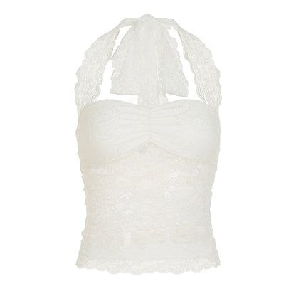 Cuteandpsycho Sexy Lace Patchwork Y2K Camisoles Backless Transparent Slim Outfits Party 90s Vintage Clubwear Halter Neck Tops