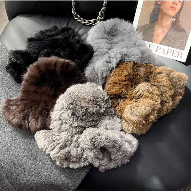 New Real Rabbit Fur Fisherman's Hat For Women Winter Warm Rabbit Fur Caps Soft Natural Rabbit Fur Hats Female Fashion Fur Cap