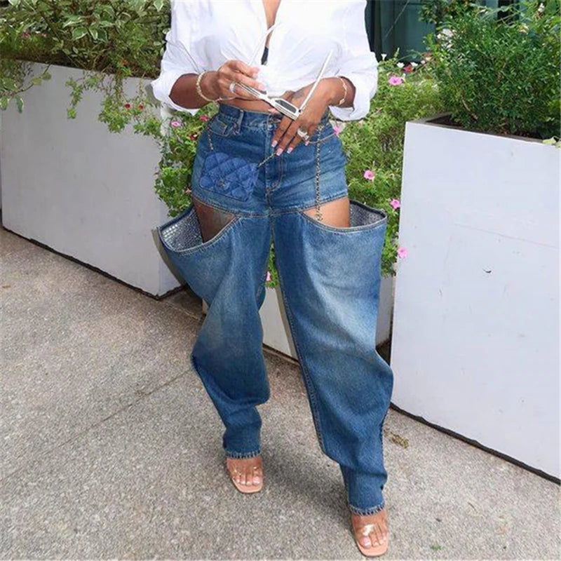 Simenual Fashion Streetwear Bottoms Punk Grunge Blue Hollow Out Loose Denim Pants Casual Y2K Rave Zip Cargo Trousers Indie Jeans
