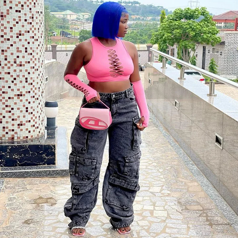 Solid Casual Baggy Cargo Pants for Women Youthful Female Trousers Multi-pocket Fashion Vintage Women's High Waist Wide Pants
