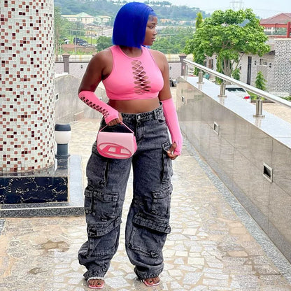 Solid Casual Baggy Cargo Pants for Women Youthful Female Trousers Multi-pocket Fashion Vintage Women's High Waist Wide Pants