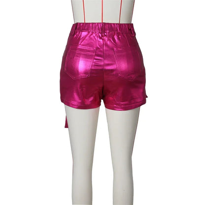 Shiny Metallic Irregular Shorts Skirts Women Y2K Clothing High Waist Button Fly Pockets Party Club Birthday Pantalones Cortos