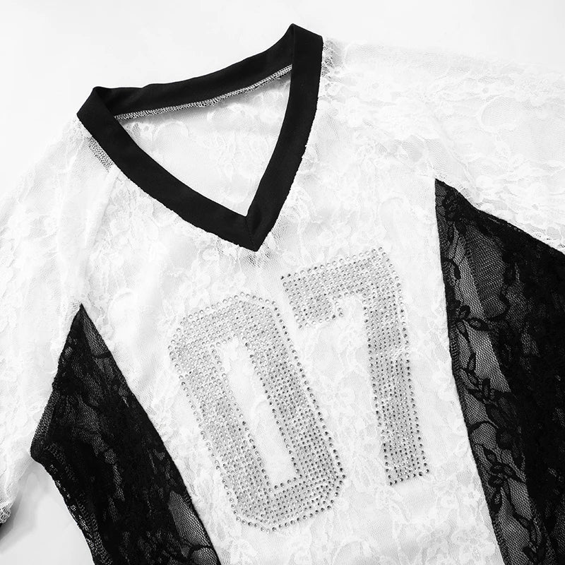 CUTENOVA 2025 Spring And Summer New Letters V Neck Rhinestone American Lace Color Collision Patchwork Top T-Shirt Streetwear