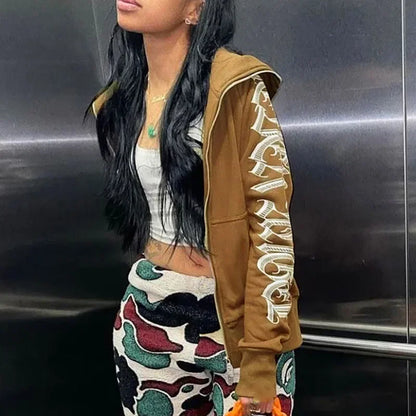 New 2024 Winter Letter Printed Zip Up Hoodie Streetwear Women Cyber Y2k Jackets Cardigan Gothic Punk Clothes Sweatshirts