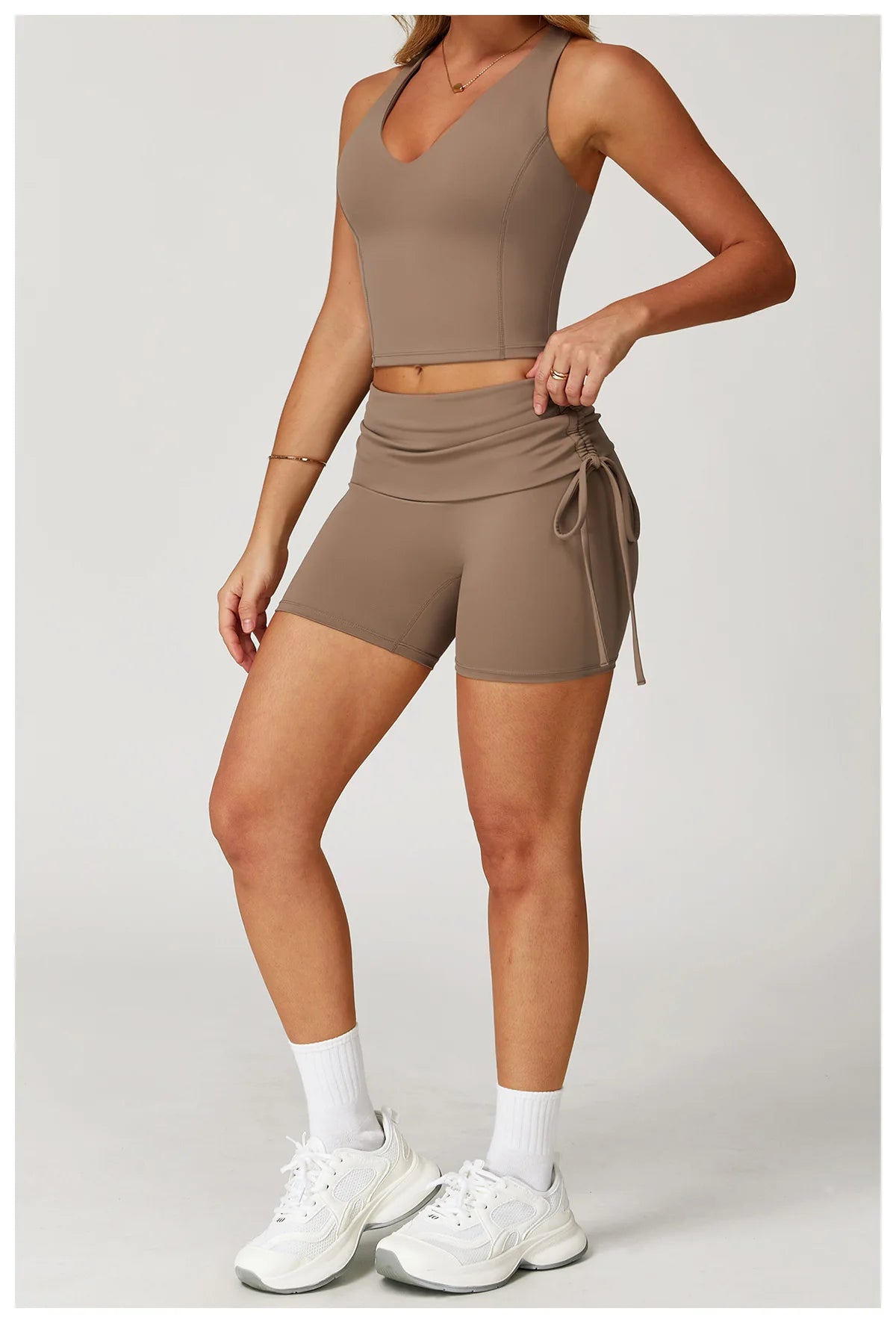 Custom LOGO nude yoga I-shaped beautiful back folded high waist shorts fitness clothes sports running two-piece set