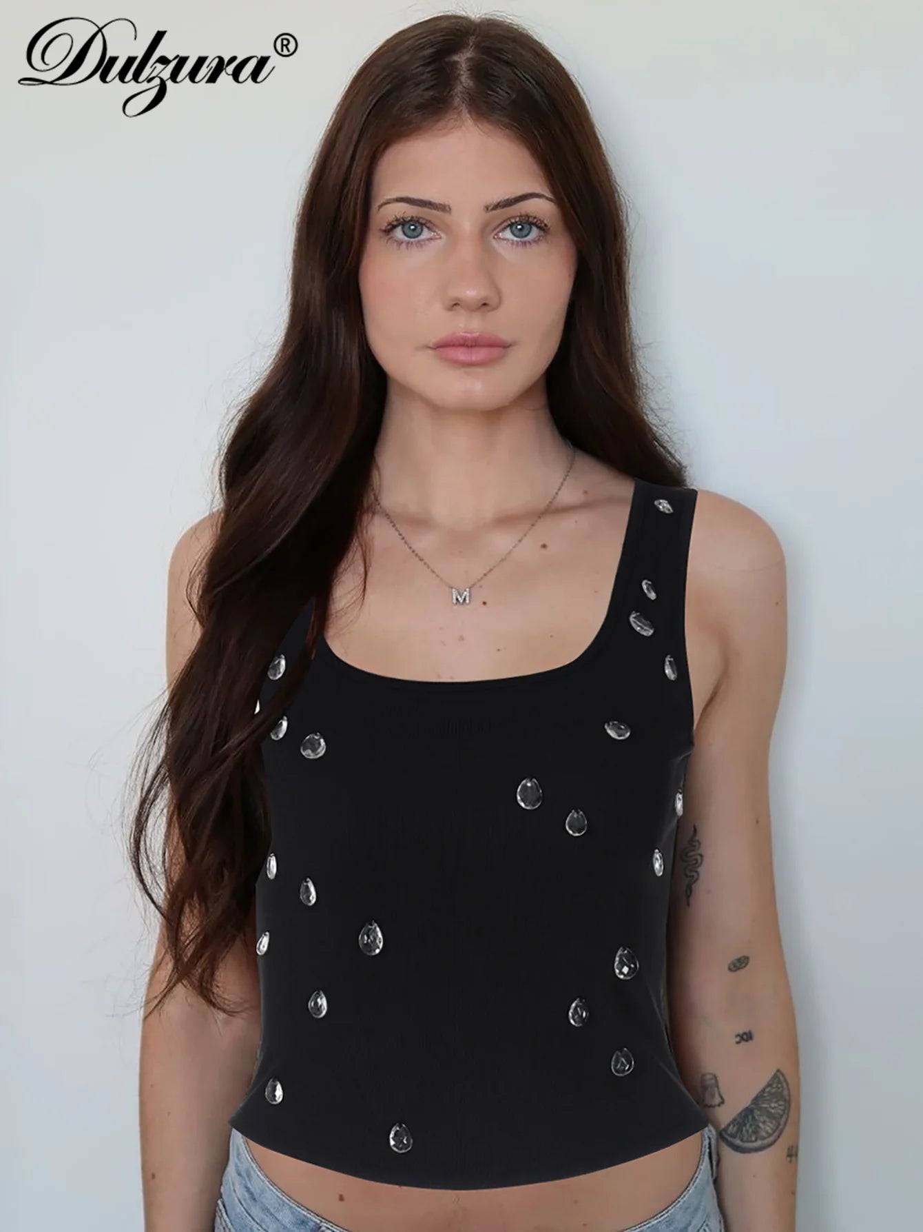 Dulzura Ribbed Sleeveless Water Droplets Diamond Decorated Tank Sexy Casual Bodycon Top Party Club Streetwear Spring Summer