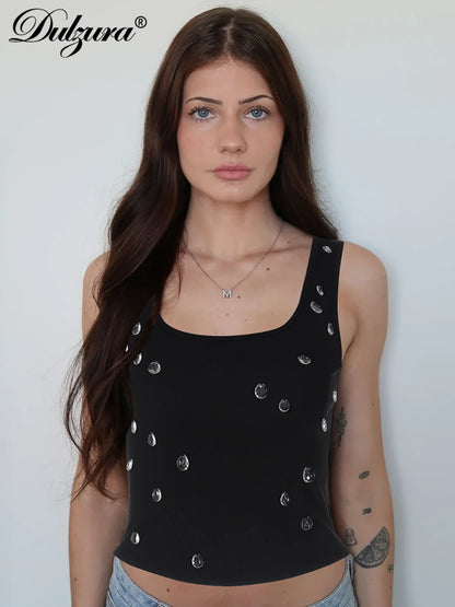 Dulzura Ribbed Sleeveless Water Droplets Diamond Decorated Tank Sexy Casual Bodycon Top Party Club Streetwear Spring Summer