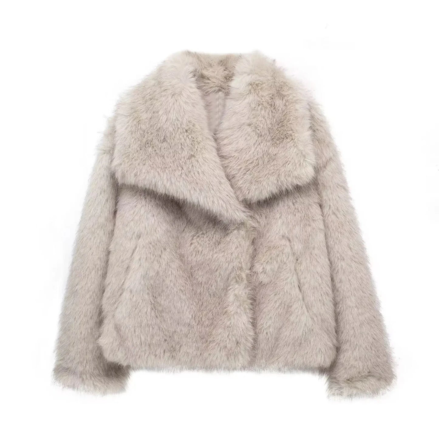 TRAFZA Female Vintage Artificial Fur Effect Coats Lapel Warm Plush Long Sleeves Hidden Buttons Autumn Winter Casual Outerwear